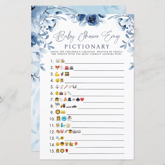 Elegant Blue Flowers Boy Baby Shower Emoji Game (Vorne/Hinten)