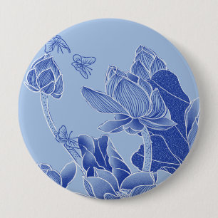 Elegant Blue Flowers Chinoiserie Lotus Mandala Button