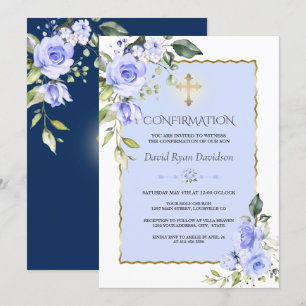 Elegant Blue Flowers Gold Cross Boy Bestätigung Einladung