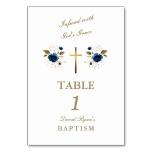 Elegant Blue Flowers Gold Cross Boy Taufe Tischnummer