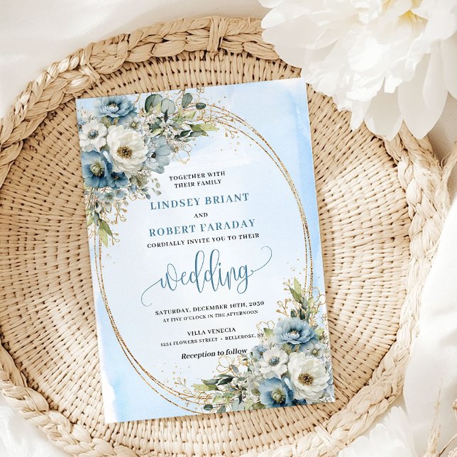 Elegant Blue Flowers Gold Glitter Wedding Invite Einladung (Elegant Blue Flowers Gold Glitter Wedding Invite)