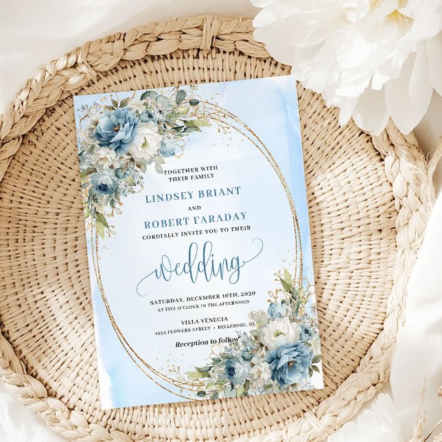 Elegant Blue Flowers Gold Glitter Wedding Invite Einladung (Elegant Blue Flowers Gold Glitter Wedding Invite)