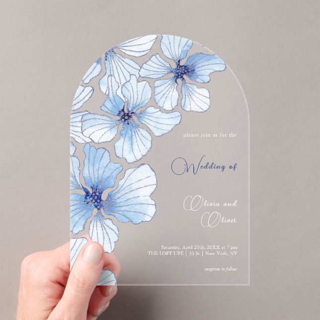 Elegant Blue Flowers Wedding Acryleinladungen (Insitu (Handheld))