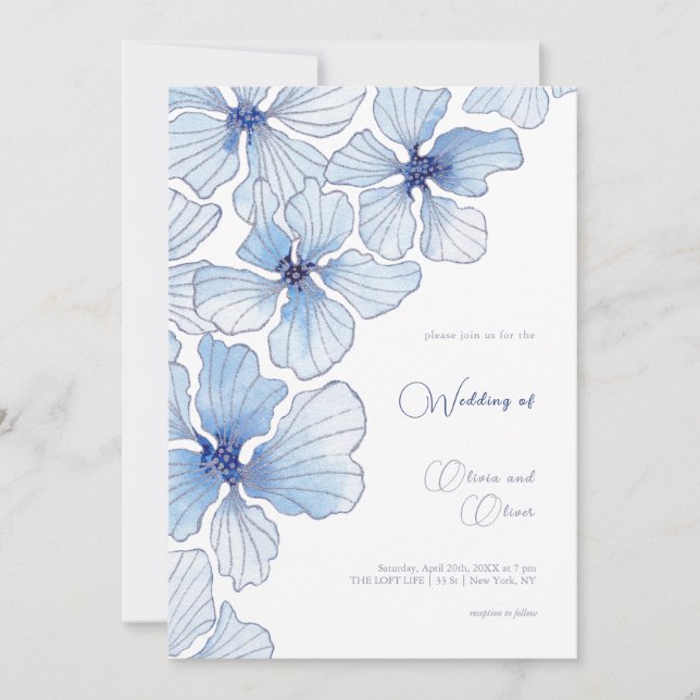 Elegant Blue Flowers Wedding Einladung (Vorderseite)