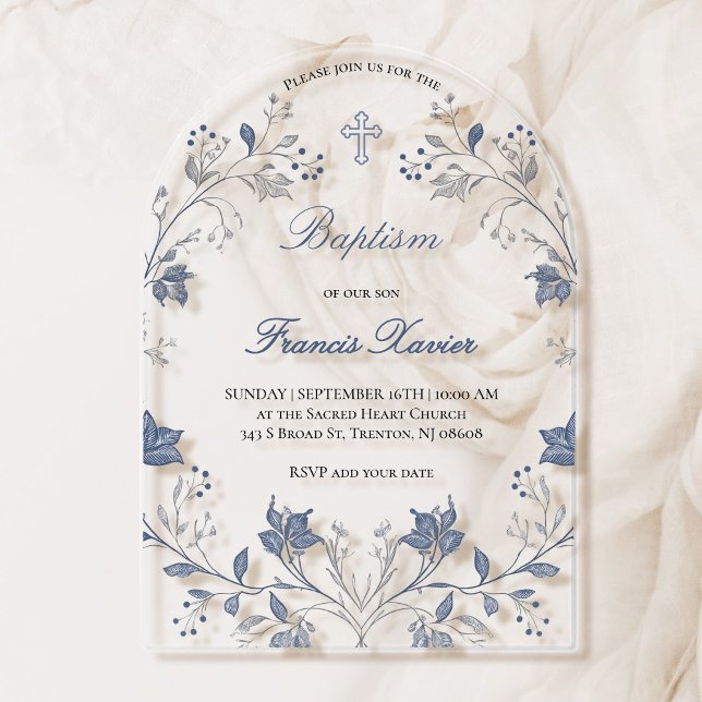 elegant blue foliage frame Baptism Acryleinladungen (Von Creator hochgeladen)