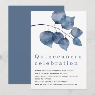 Elegant Blue Foliage Quinceanera Einladung