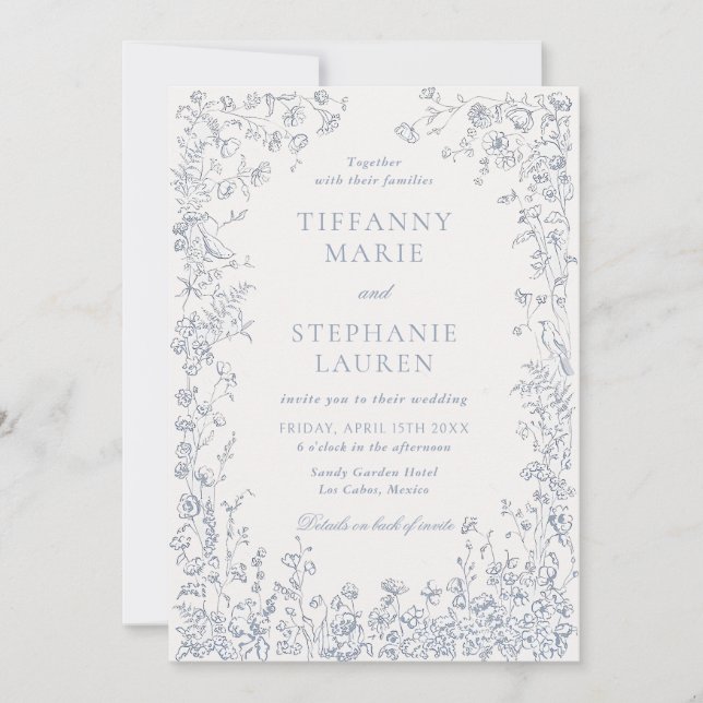 Elegant Blue French Floral Wedding Invitation Einladung (Vorderseite)