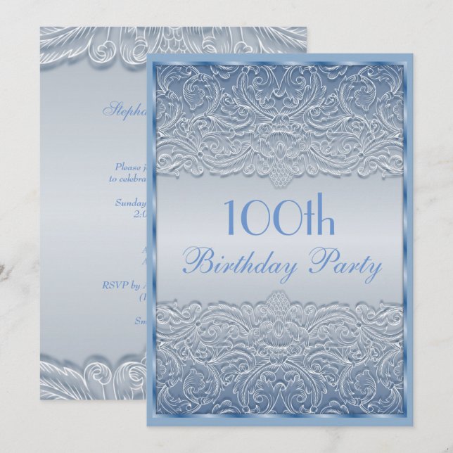 Elegant Blue French Lace 100. Geburtstag Einladung (Vorne/Hinten)