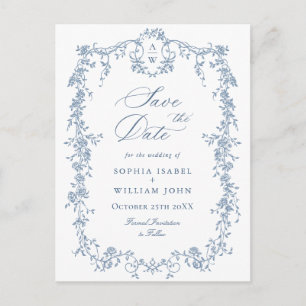 Elegant Blue French Toile Wedding Save the Date Postkarte