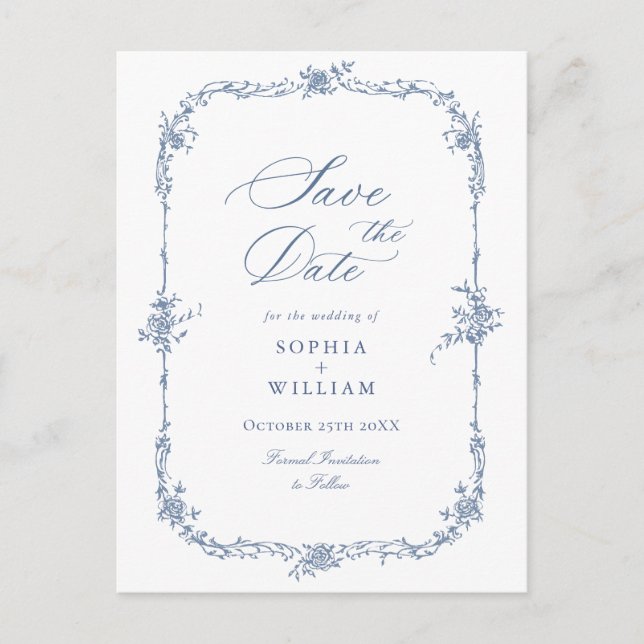 Elegant Blue French Toile Wedding Save the Date Postkarte (Vorderseite)