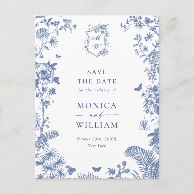 Elegant Blue French Toile Wedding Save the Date Postkarte (Vorderseite)