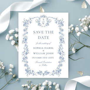 Elegant Blue French Toile Wedding Save the Date Postkarte