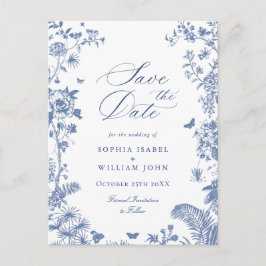 Elegant Blue French Toile Wedding Save the Date Postkarte