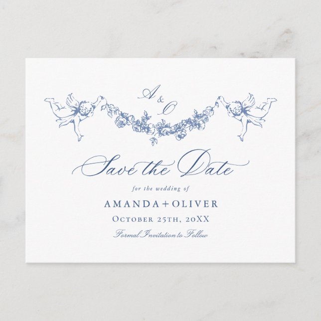 Elegant Blue French Toile Wedding Save the Date Postkarte (Vorderseite)