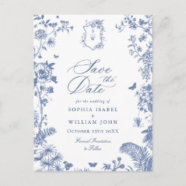 Elegant Blue French Toile Wedding Save the Date Postkarte
