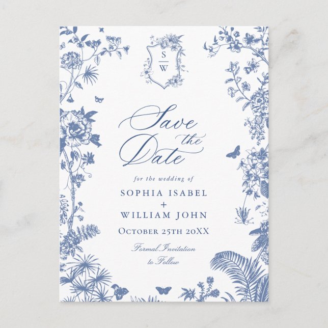 Elegant Blue French Toile Wedding Save the Date Postkarte (Vorderseite)