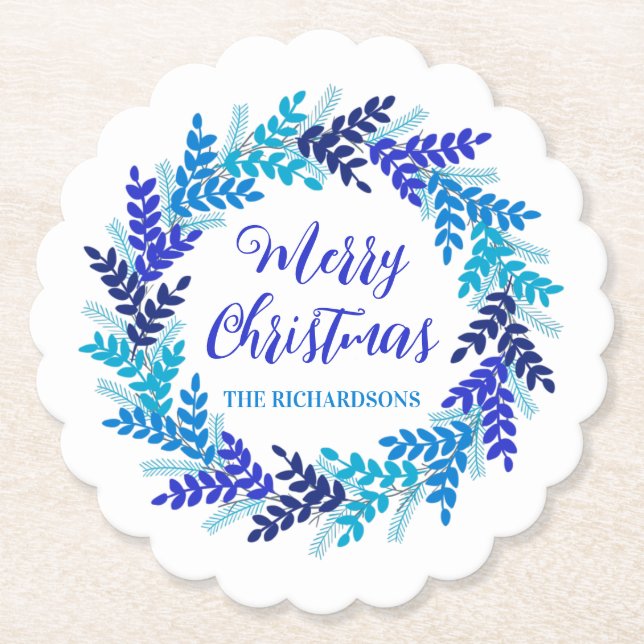 Elegant Blue Frohe Weihnachtsfeiertag Name Untersetzer (Vorderseite)