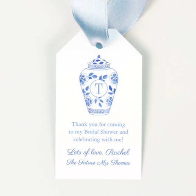 Elegant Blue Future Mrs Monogram Brautparty Geschenkanhänger (Elegant watercolor Ginger jar with monogram future mrs bridal shower favor tags w/ greek key backer)