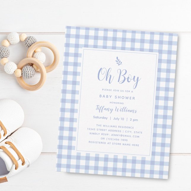 Elegant Blue Gingham Plaid Cute Oh Boy Baby Shower Einladung (Von Creator hochgeladen)