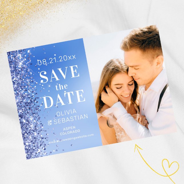 Elegant Blue Glitzer Foto Wedding Save The Date (Von Creator hochgeladen)