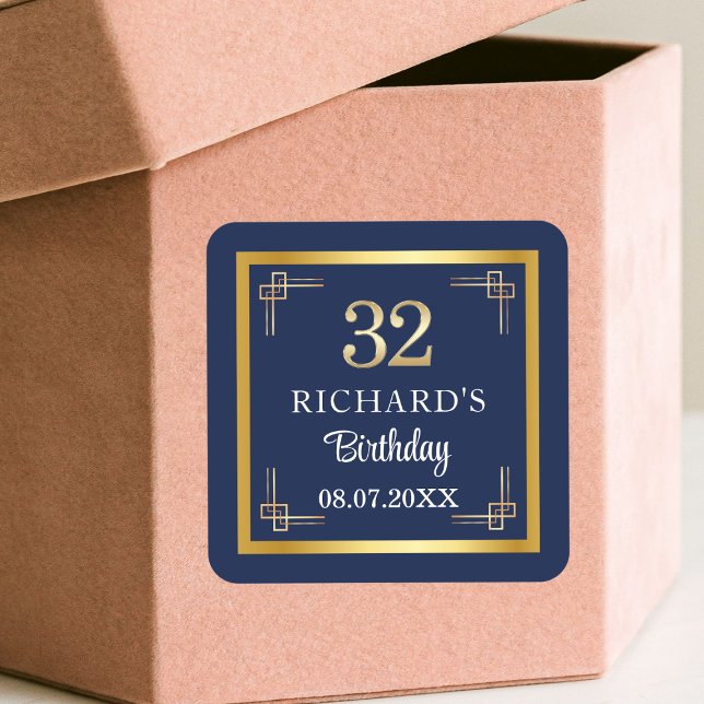 Elegant Blue Gold 32nd Birthday Party Quadratischer Aufkleber (Von Creator hochgeladen)