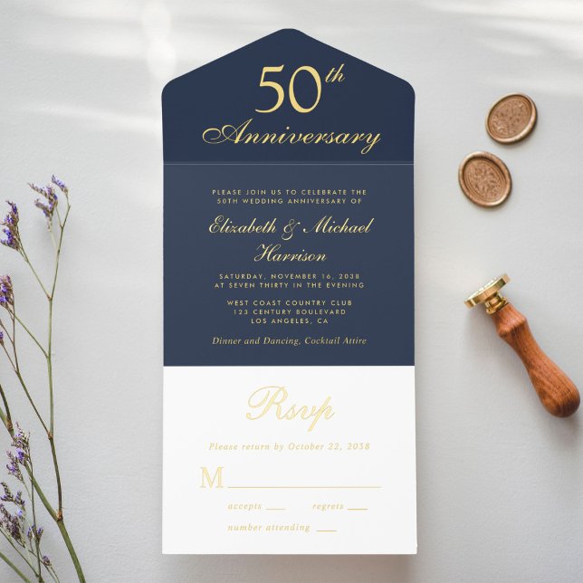 Elegant Blue Gold 50. Hochzeitstag All-in-One-Einladung (Von Creator hochgeladen)