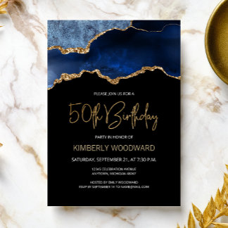 Elegant Blue Gold Agate 50. Geburtstagsparty Einladung