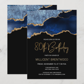 Elegant Blue Gold Agate 80. Geburtstag Einladung