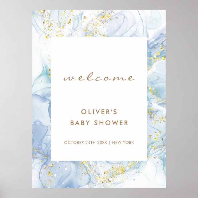Elegant Blue Gold Agate Boy Baby Shower Willkommen Poster (Vorne)