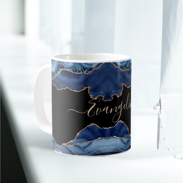 Elegant Blue Gold Agate Script Name Kaffeetasse (Von Creator hochgeladen)