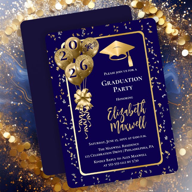 Elegant Blue Gold Balloons Graduation Party Einladung (Elegant Blue and Gold Tone Graduation Party Invitation Balloons and Confetti - Print | Digital)