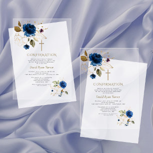 Elegant Blue Gold Blume Boy Confirmation Acryleinladungen