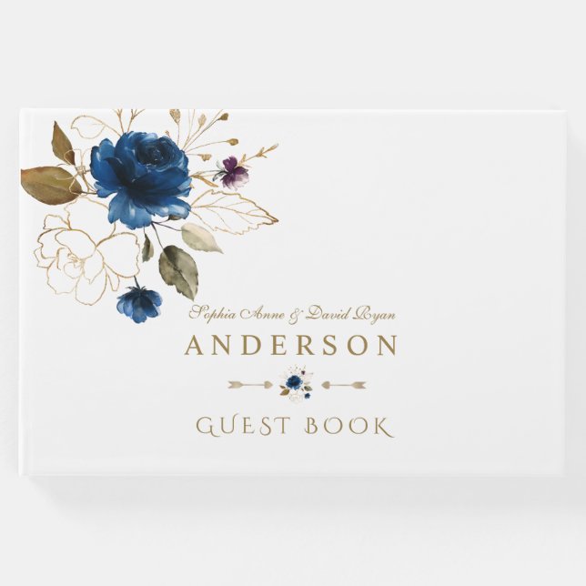 Elegant Blue Gold Blume Monogram Wedding Gästebuch (Vorderseite)