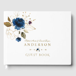 Elegant Blue Gold Blume Monogram Wedding Gästebuch