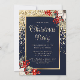 Elegant Blue Gold Botanical Christmas Party Einladung