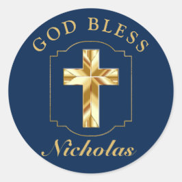 Elegant Blue Gold Boys Bestätigung GOD BLESS Runder Aufkleber