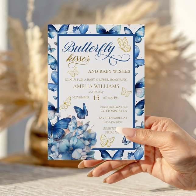 Elegant Blue Gold Butterfly Baby Shower Einladung (Von Creator hochgeladen)