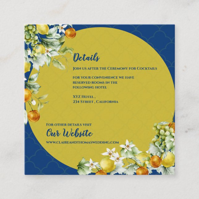 Elegant Blue Gold Citrus Floral Wedding Details Begleitkarte (Vorderseite)