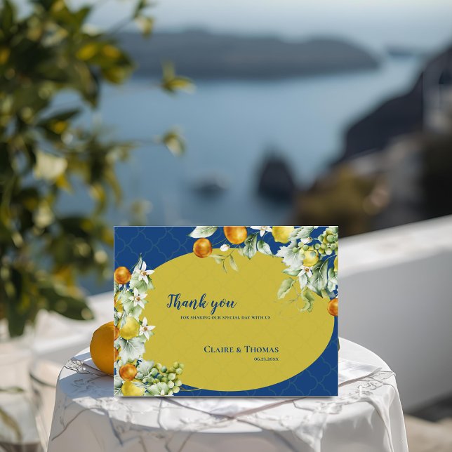 Elegant Blue Gold Citrus Floral Wedding Thank You Postkarte (Elegant Blue Gold Citrus Floral Wedding Thank You Postcard)