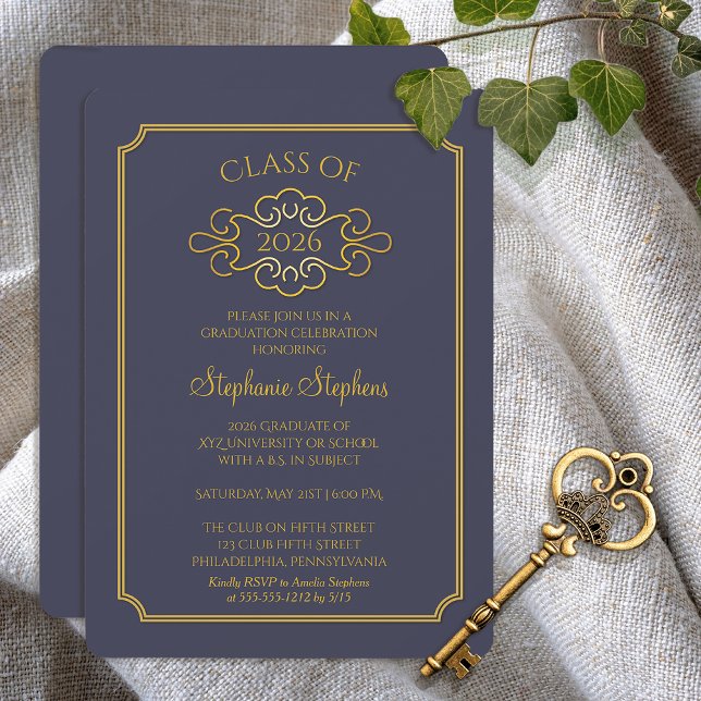 Elegant Blue | Gold College Graduation Party Einladung (Elegant Blue and Gold Tone College Graduation Party Invitation - Print | Digital)