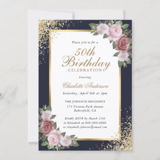 Elegant Blue Gold Confetti Floral 50. Geburtstag Einladung