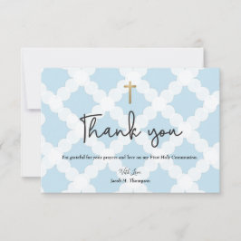 Elegant Blue Gold Cross Boy Erste Kommune Dankeskarte
