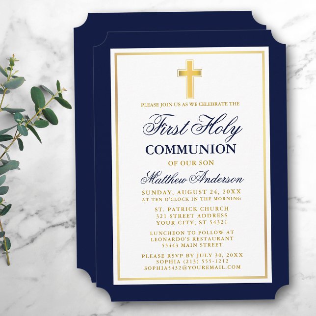 Elegant Blue Gold Cross First Holy Communion Einladung (Customize to change text size, color or text style.)