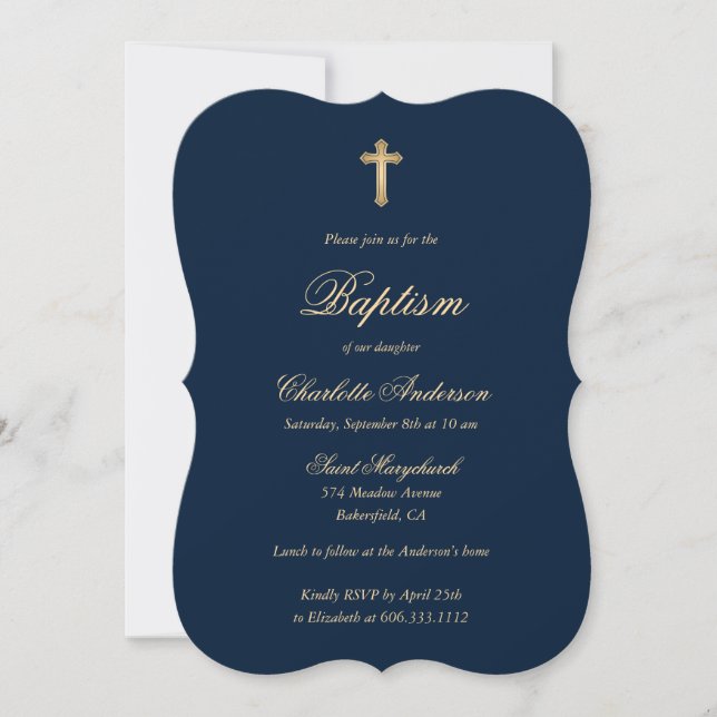 Elegant Blue Gold Cross Script Girl Taufe Einladung (Vorderseite)