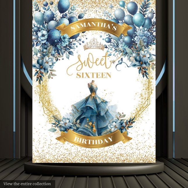 Elegant Blue § Gold Dress Sweet 16 Geburtstag Wandteppich (Elegant Blue § Gold Dress Sweet 16 Birthday Tapestry)