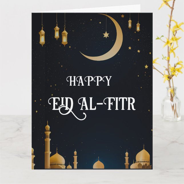 Elegant Blue & Gold Eid Al-Fitr Crescent Moon Karte (Gelbe Blume)