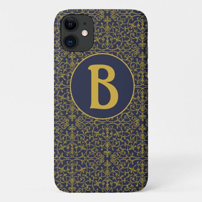 Elegant Blue & Gold Filigree Monogram Case-Mate iPhone Hülle (Rückseite)
