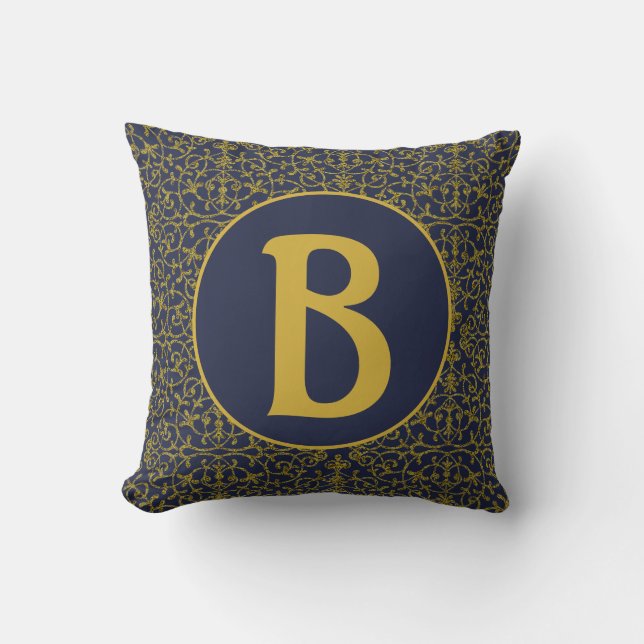 Elegant Blue & Gold Filigree Monogram Kissen (Vorderseite)