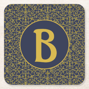 Elegant Blue & Gold Filigree Monogram Rechteckiger Pappuntersetzer