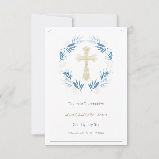 Elegant Blue Gold First Holy Communion RSVP Karte (Vorderseite)